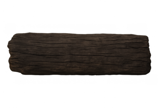 Dark rustic wooden plank with textured surface showing natural wood grain, isolated on a transparent background