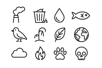 Fototapeta premium Pollution Icon Set. Pollution effects. Line outline icon set of pollution effects: smoke stack, trash, water