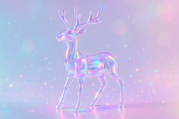 Iridescent crystal reindeer illustration with subtle sparkle on pastel background. concept of ethereal winter decor, magical holiday art, elegant seasonal ornament