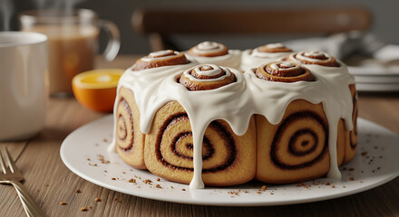 A cinnamon roll cake with white icing on a white plate next to a cup of coffee and an orange slice