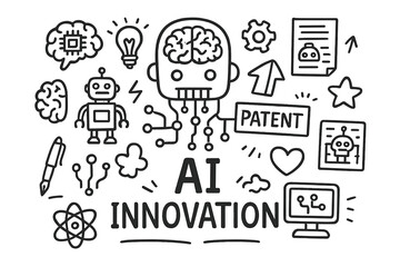 AI Inventions Doodle. AI inventions. Hand-drawn doodle illustration of AI inventions. In the middle, one