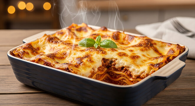 A close up shot of a freshly baked lasagna in a dark blue baking dish on a wooden table top surface
