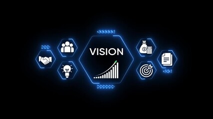 Futuristic digital interface displaying business vision concept with growth chart handshake team idea money calculator target and document icons on dark background with neon blue - Powered by Adobe