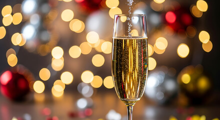 Close up of champagne being poured into a glass with christmas lights in the background bokeh effect