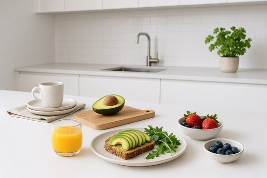 Simple breakfast in white kitchen with avocado toast, fresh berries, orange juice, and minimalist decor. concept of healthy morning meal, clean design, modern lifestyle