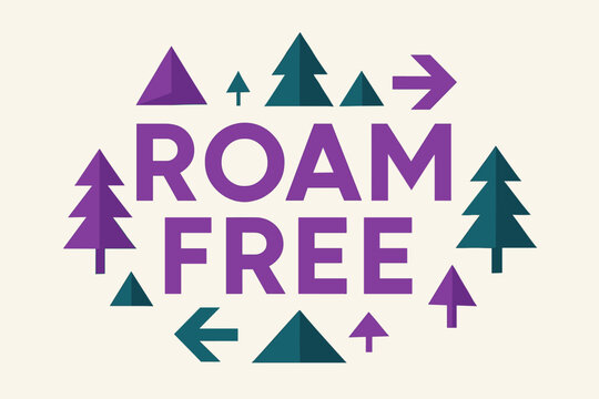 Geometric Forest Design. Roam Free. geometric sans-serif typography with flat minimalist fills, long angled