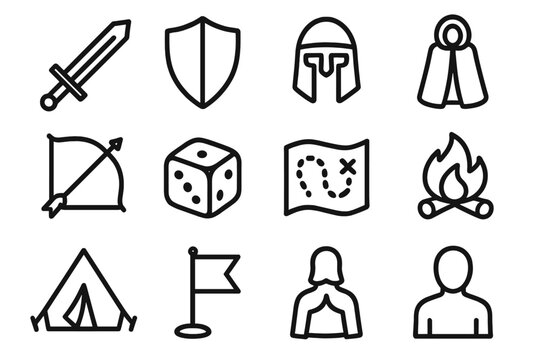 LARP Icon Collection. Live-action role-playing (LARP) events. Line outline icon set of live-action