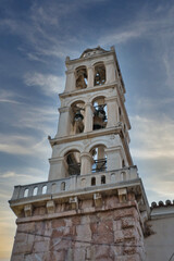 Historic bell tower with stone base in Nafplio, Peloponnese, Greece