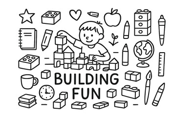 Building Fun Doodles. Building blocks. Hand-drawn doodle illustration of building blocks. In the middle, one