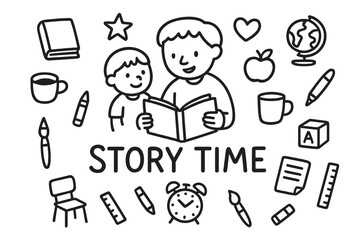 Story Time Doodles. Storytelling. Hand-drawn doodle illustration of storytelling. In the middle, one slightly