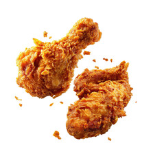 Two crispy fried chicken drumsticks, golden brown, isolated on black
