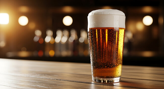 A refreshing pint of beer with a frothy head sits on a wooden bar top with blurred lights behind it