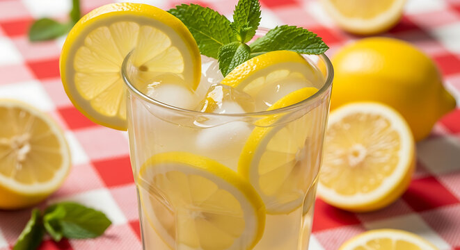 A refreshing glass of lemonade with lemon slices and mint on a red and white checkered tablecloth