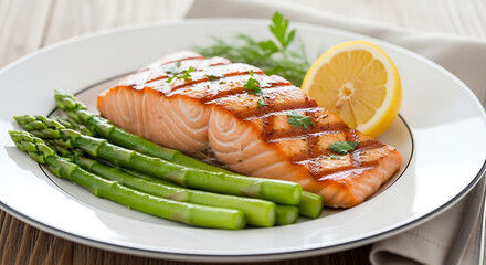 Grilled salmon fillet with asparagus spears and lemon wedge on a white plate close up view