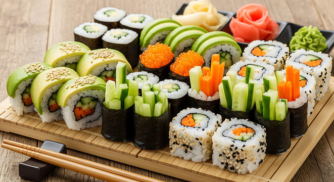 A delicious sushi platter with various rolls and garnishes on a wooden serving board setting food scene