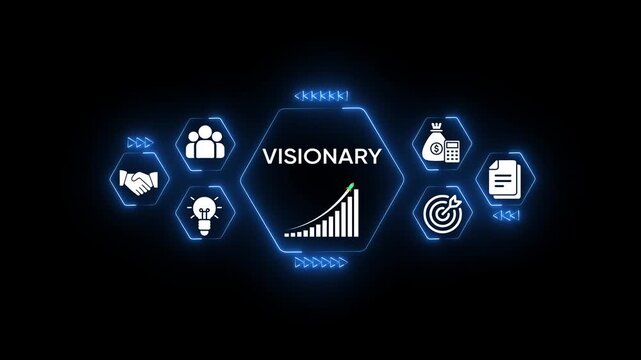 Visionary business growth strategy concept with icons for teamwork innovation finance goals and documents on dark background with neon blue hexagon frames and upward trending graph