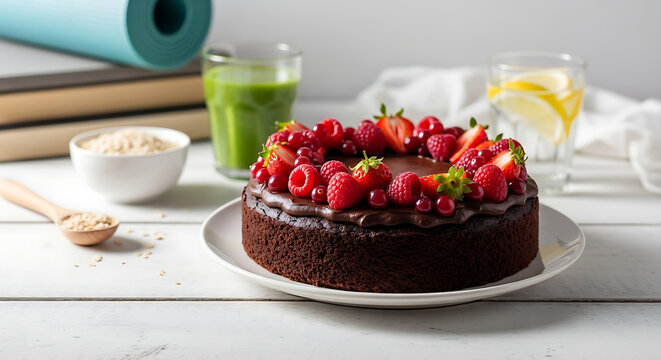 Chocolate cake with berries and healthy drinks for a balanced lifestyle on white wooden table - Powered by Adobe