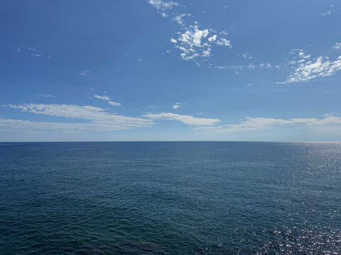 Open sea calm water and blue sky horizon.