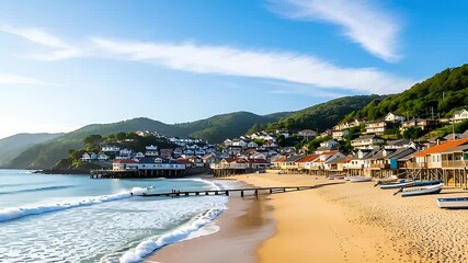 4K coastal village with colorful houses on hillside overlooking calm sea with sandy beach and boats on shore - Powered by Adobe