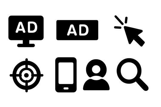 Black Icon Grid. Online ads. Filled icon set of online ads: computer, ad banner, cursor, analytics chart,