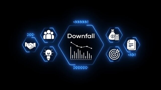 Business downfall concept with declining graph and icons for finance teamwork idea target and documents on dark background digital animation