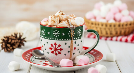 A festive mug filled with hot chocolate and marshmallows on a saucer with a spoon and pinecone