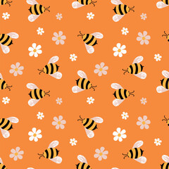 Seamless pattern with bees. Small wasp. Vector illustration. Design for invitation, cards, textile, fabric. Doodle style.