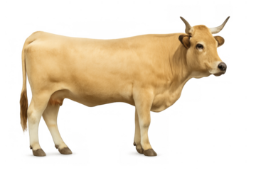 Pale yellow cow, a domestic bovine farm animal standing, isolated on transparent background, livestock concept