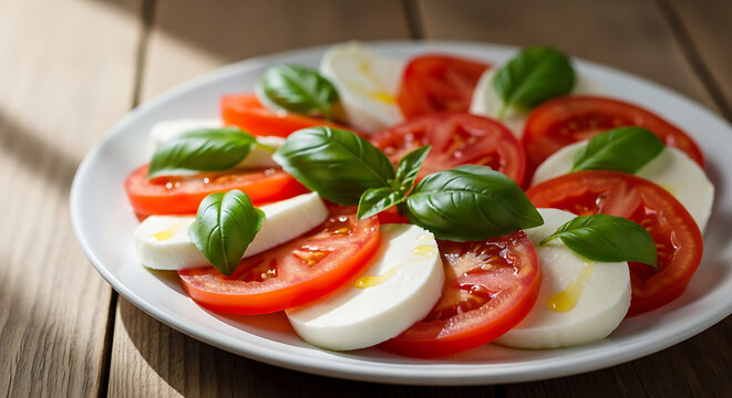 A plate of caprese salad with sliced tomatoes mozzarella and fresh basil on a wooden surface