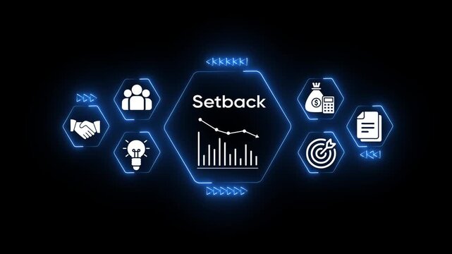 Business setback concept graphic with falling chart handshake team idea money calculator target document icons and rewind fast forward arrows on dark background digital animation