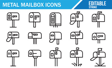 Metal Mailbox Vector Icons – Editable Stroke Postal Box and Letter Delivery Symbols Set