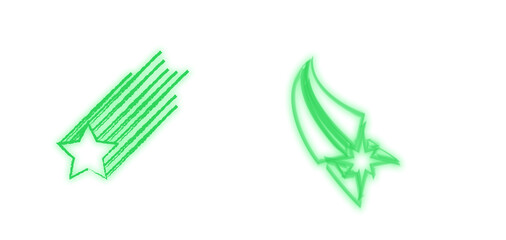 Two glowing green cosmic phenomena star trails and abstract energy forms isolated on transparent background