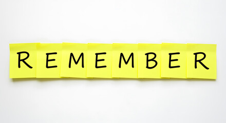 Yellow sticky note with the word remember written on it isolated on white background