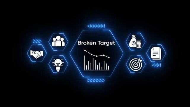 Business failure concept graphic showing declining graph and broken target icon with money bag calculator and handshake symbols on dark background with neon blue futuristic interface