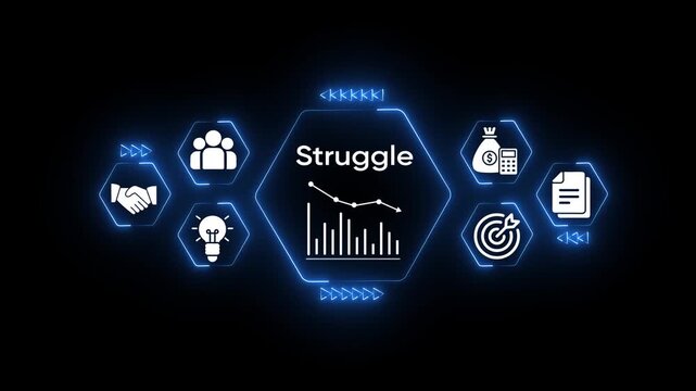 Business Struggle Downturn Decline Financial Crisis Economic Recession Concept Icons Hexagon Network Technology Blue Neon Glow Dark Background