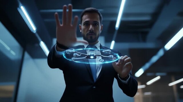 a man testing a drone with his hands, with advanced technology