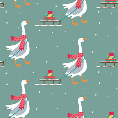 Seamless Christmas pattern with goose and sleigh on blue background. 