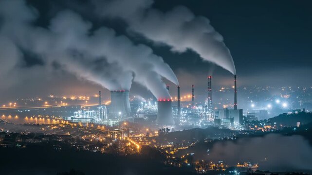 Bright lights illuminate a coal-powered plant at night, with thick smoke billowing from its smokestacks. The city glows in the background under a hazy sky.