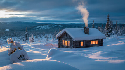 Cozy cabin glows in the winter landscape a remote retreat in the snowy wilderness perfect for travel and lifestyle concepts
