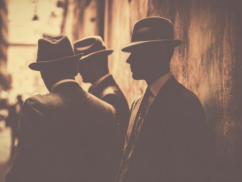 Three men in suits and fedoras huddle in shadowy secrecy, embodying classic noir and criminal intrigue. The image conveys mystery, tension, and retro drama.