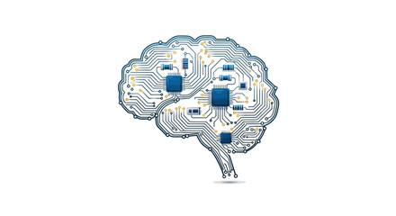 Artificial intelligence brain with circuit board pattern on white background.