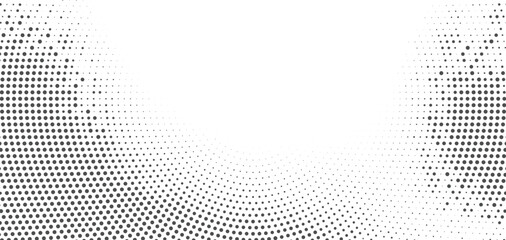 Black halftone dots curved wave background, abstract gradient design, modern digital minimal texture, elegant optical illusion concept, smooth symmetry and visual motion