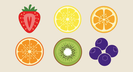 A vibrant collection of sliced fruits and blueberries arranged in two rows against a neutral background.