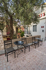 Outdoor café seating under olive tree in historic stone street