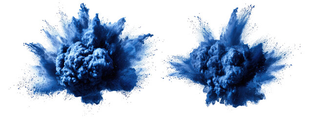 Two vibrant bursts of deep blue ink exploding against a black background