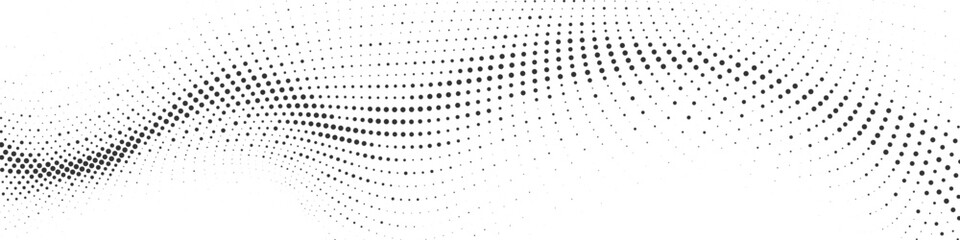 Naklejka premium Minimal abstract dotted halftone waves, clean black and white gradient lines creating motion illusion, futuristic digital vector background for technology and art design