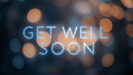Soft blue text "GET UP" with a soft bokeh effect on a dark background, perfect for sending wishes for healing and recovery. 4k video