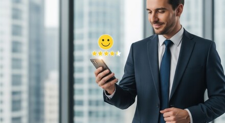  Businessman holds smartphone, five star rating and smiley, positive customer review, digital feedback, client satisfaction, high service quality, mobile user experience ranking.