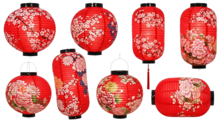 Collection of festive red Chinese lanterns adorned with delicate floral patterns isolated on a black background
