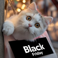 Cute cat peeking out of shopping bag during Black Friday sales event